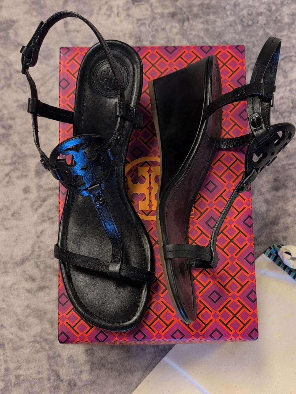 Tory Burch Black Logo Cutout Wedge Sandals